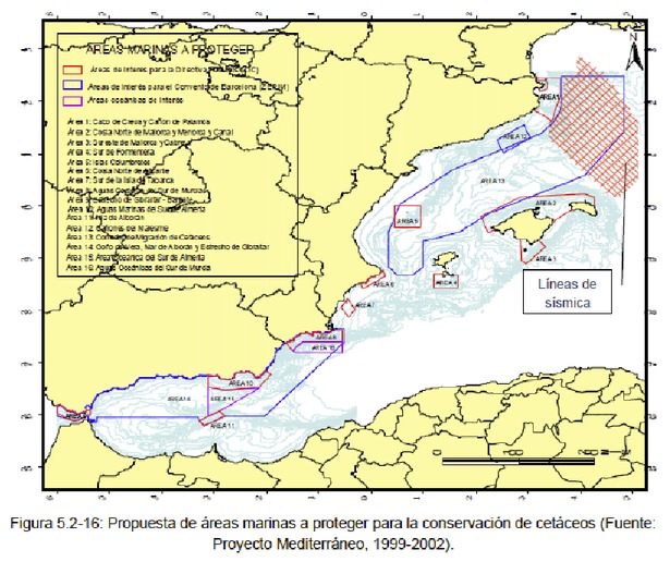 Mapa donde se puede apreciar el amplio solapamiento del área de sondeos acústicos de Seabird en el golfo de León con el corredor de migración de cetáceos (ZEPIM) 