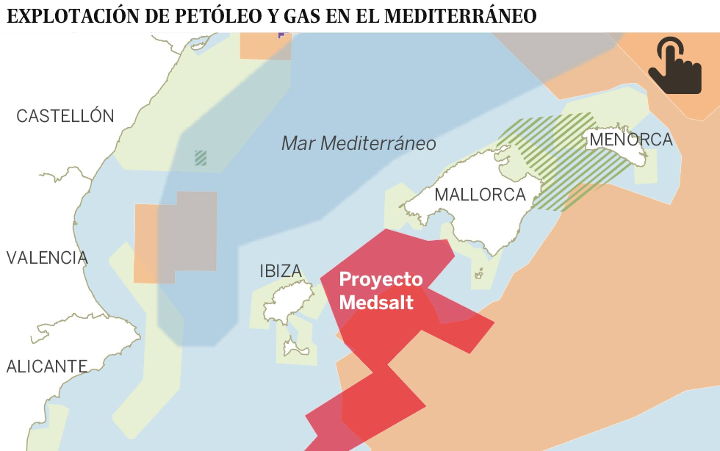 Mapa de las zonas de prospección para búsqueda de hidrocarburos y de las zonas protegidas